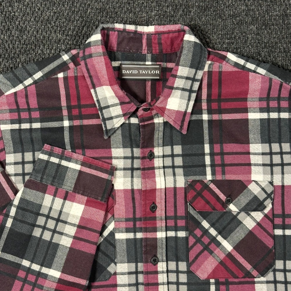 David Taylor Y2K Plaid Flannel Shirt Mens XL Burgundy Black White Long Sleeve